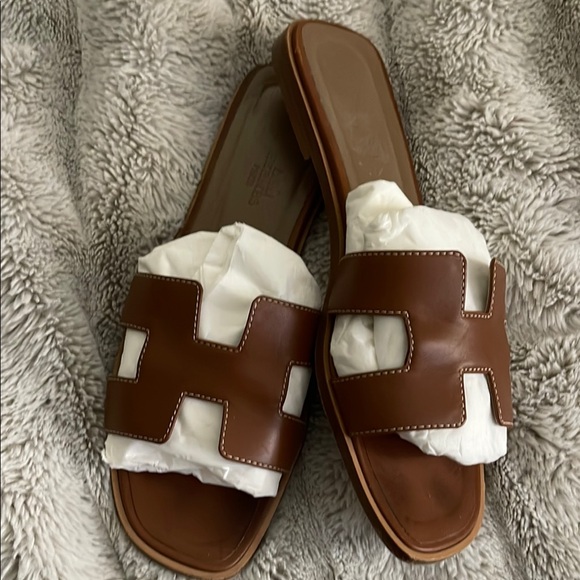 Hermes Shoes - Brown Leather Slide Sandals
